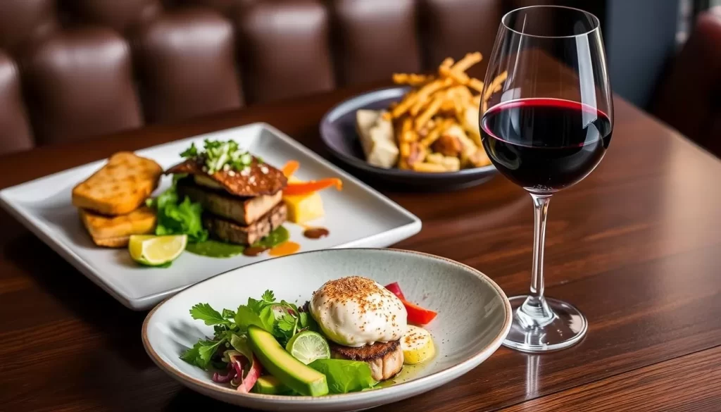 Image of Crave Kitchen + Wine Bar's contemporary dishes, with a glass of wine.