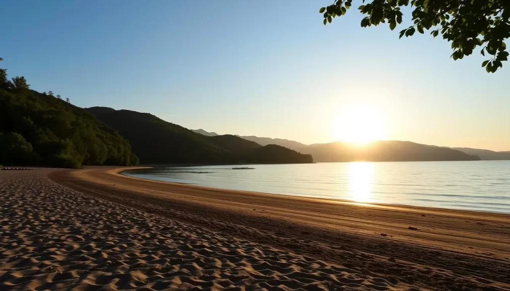 Image of Dauphine Lake's serene beach at sunrise