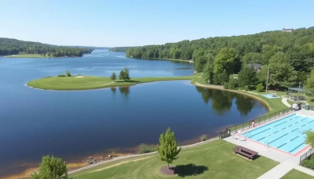 Image of Dierkes Lake Park with swimming areas and picnic facilities
