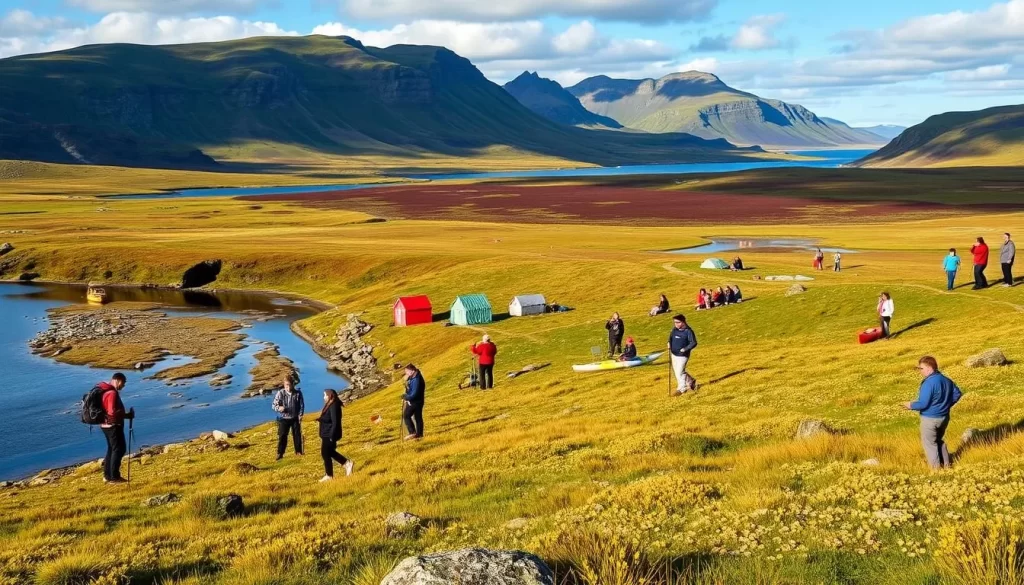 Image of Dorset Island, Nunavut, during summer with people engaging in outdoor activities.