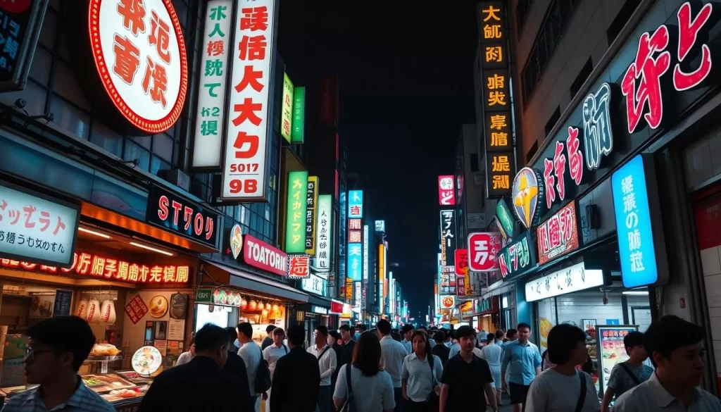 Image of Dotonbori's neon lights and street food