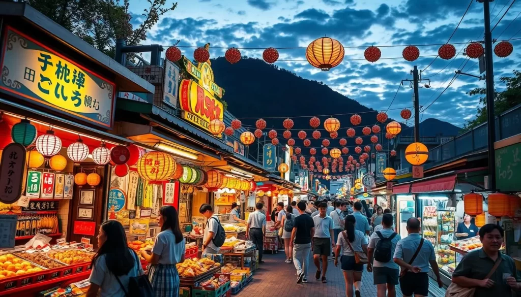 Image of Doyo Yoichi Summer Festival night market in Matsuyama, Japan, with vibrant stalls and lively atmosphere.