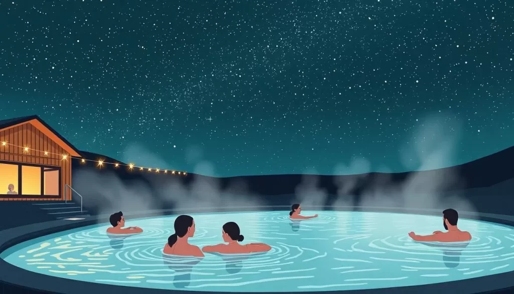 Image of Eclipse Nordic Hot Springs with people soaking in the hot springs under a starry sky.