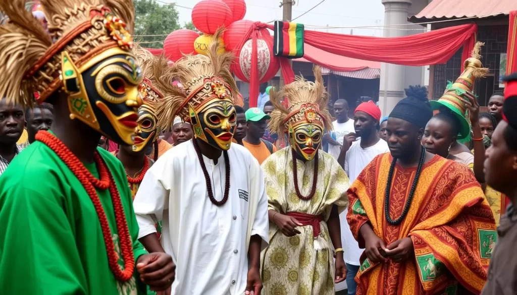 Image of Egun Festival in Benin with masked performers