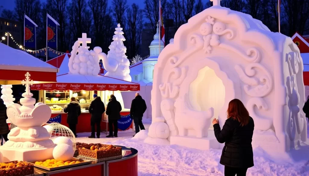 Image of Festival Du Voyageur's snow sculptures and food