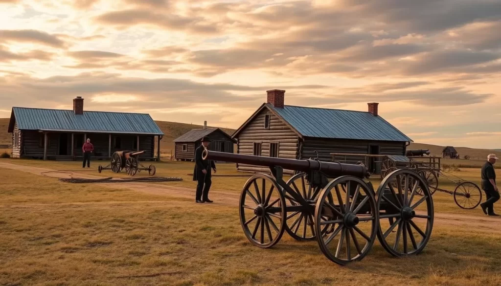 Image of Fort Walsh National Historic Site with its reconstructed buildings and historical reenactments.
