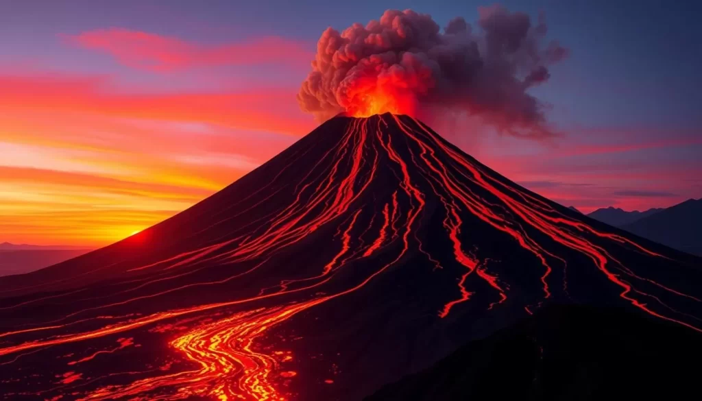 Image of Fuego Volcano erupting at sunset