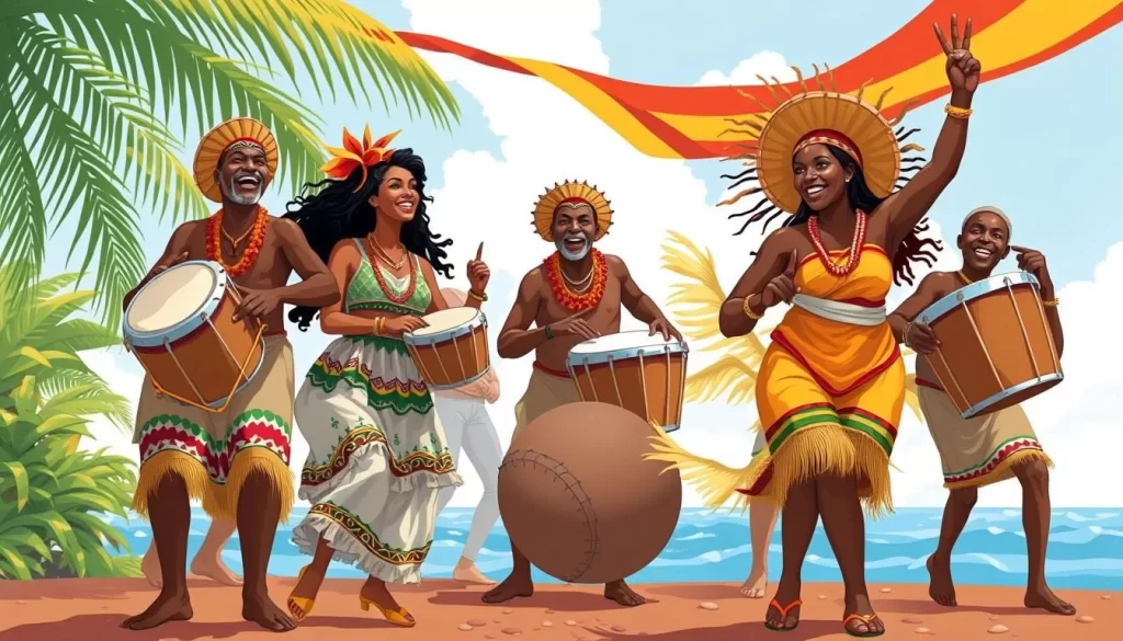 Image of Garifuna people celebrating Settlement Day with traditional drumming and punta dancing