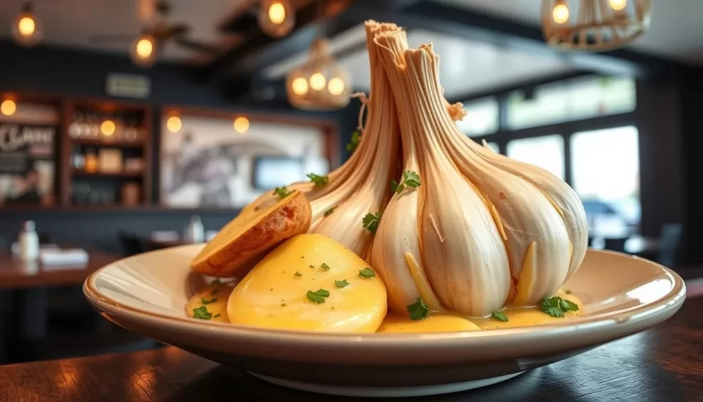Image of Garlic & Shots restaurant interior with a garlic-themed dish