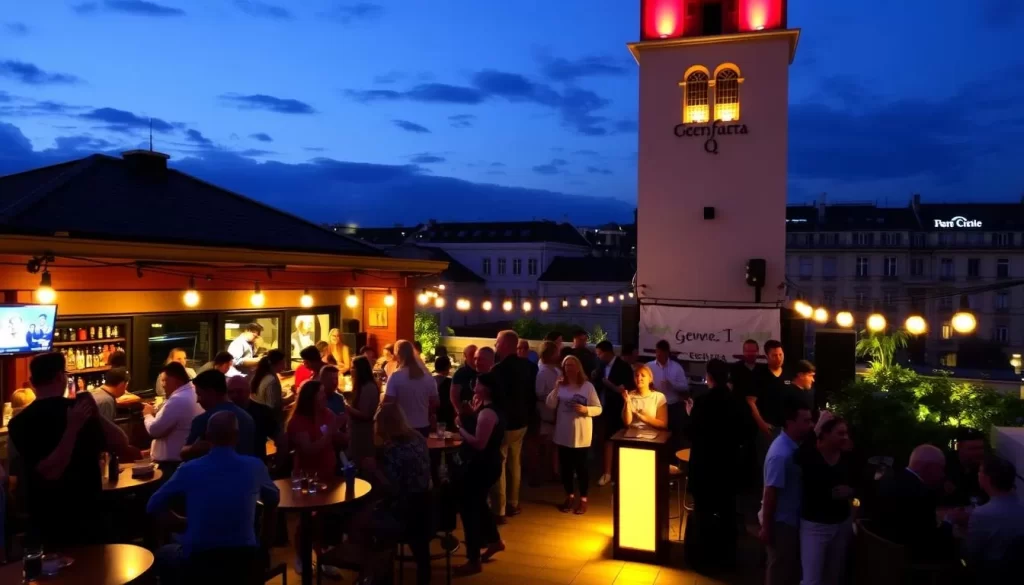 Image of Geneva's nightlife with people enjoying rooftop bars and cultural performances