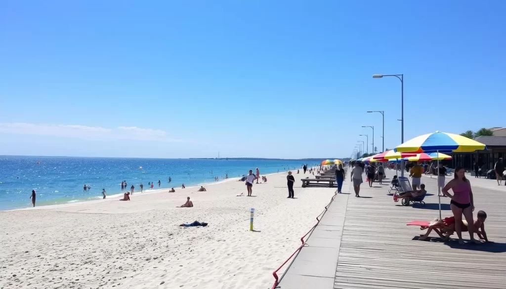 Image of Gimli beach and boardwalk on a sunny summer day