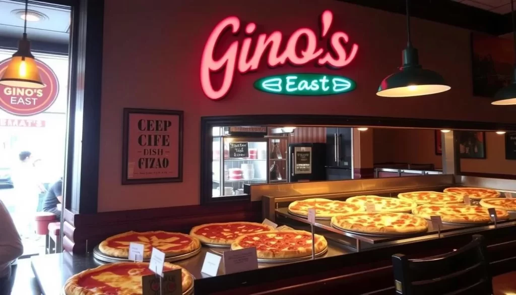 Image of Gino's East interior, showcasing their deep dish pizzas