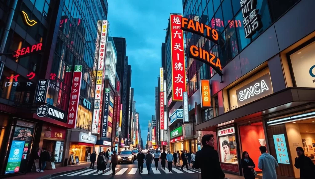 Image of Ginza district at night with its upscale streets and neon lights.