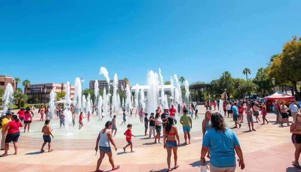 Image of Gloria Molina Grand Park with people enjoying the interactive fountains and event spaces