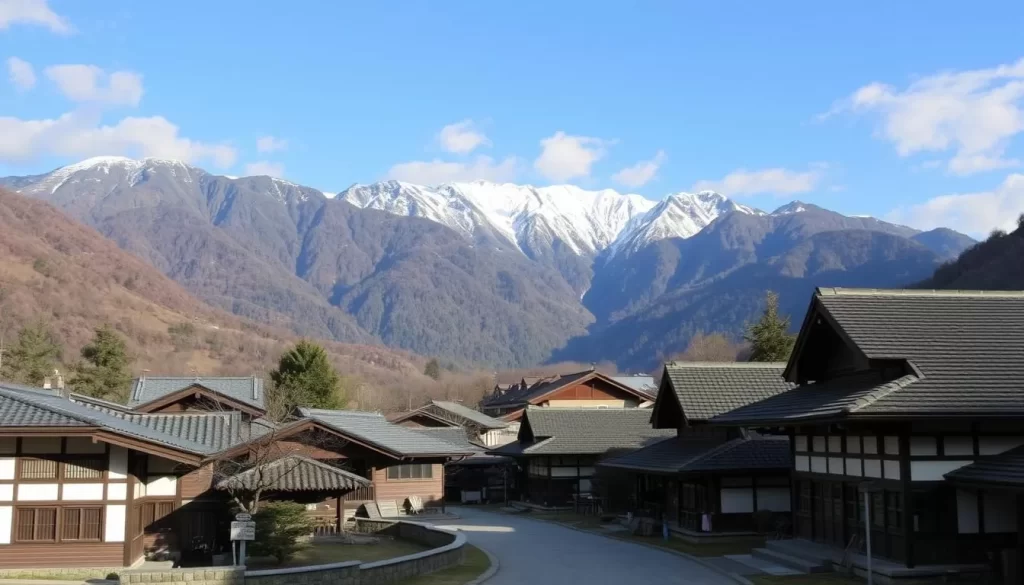 Image of Gokayama Villages with traditional gassho-style houses and mountains in the background