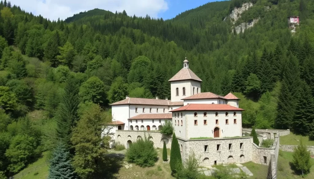 Image of Gradac Monastery, located on the wooded slopes of the Golija mountain range