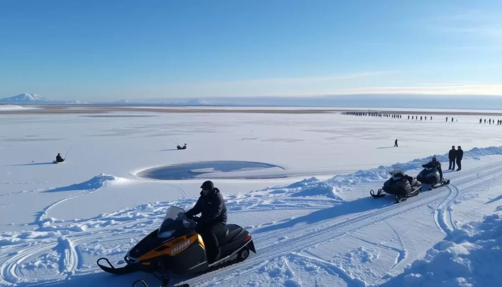 Image of Great Bear Lake in winter with snow-covered landscapes and various winter activities