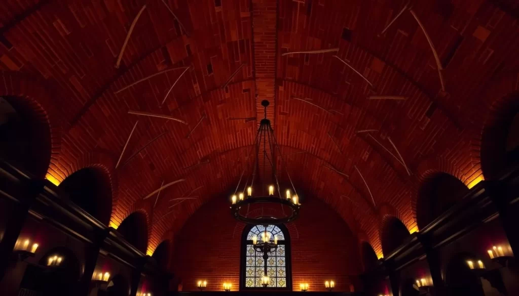 Image of Gremio de Brixton's interior with vaulted brick roof and candlelight