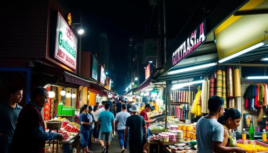 Image of Guatemalan Night Market with evening lights and vendors