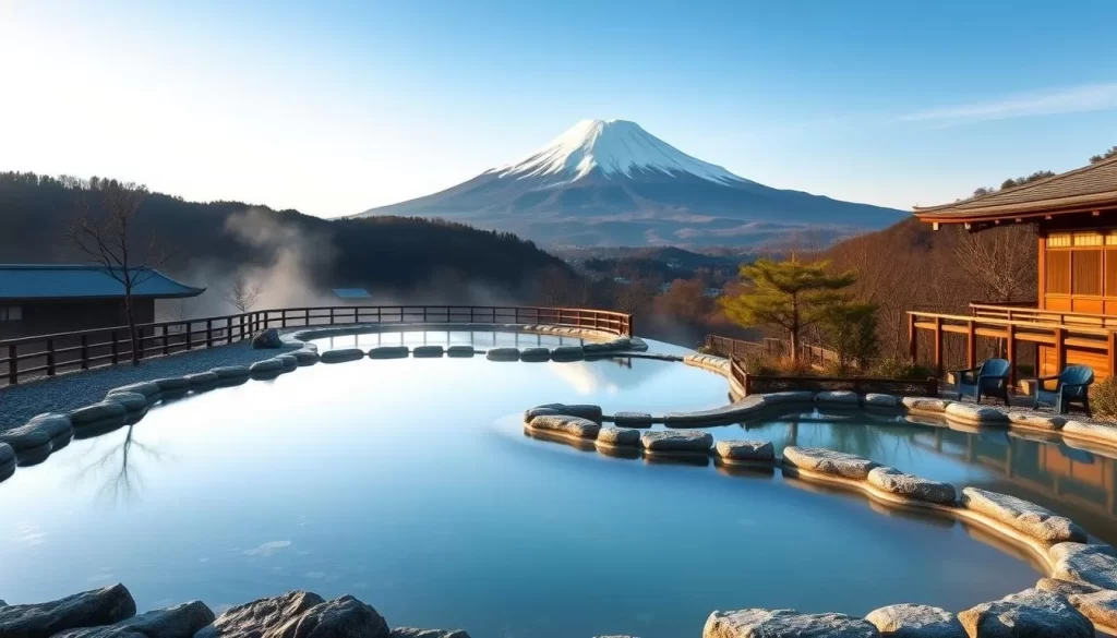 Image of Hakone's hot springs with Mount Fuji in the background