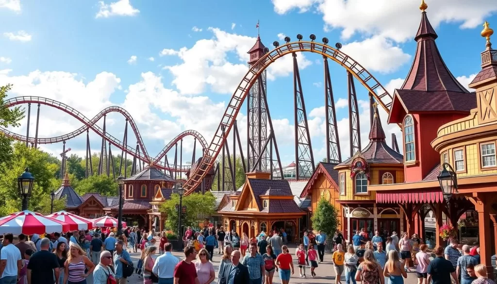 Image of Hersheypark with roller coasters and chocolate-themed attractions