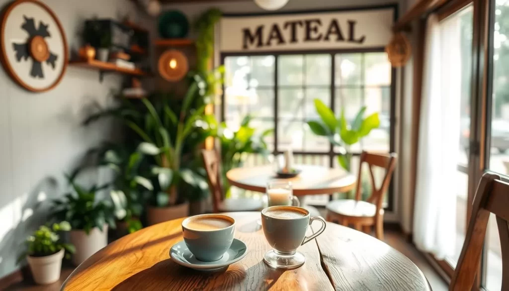 Image of Hidden House Coffee's interior with a cup of coffee on a wooden table.