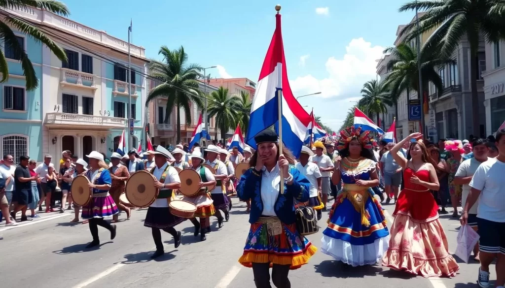 Image of Honduran Independence Day parade with marching bands and traditional costumes