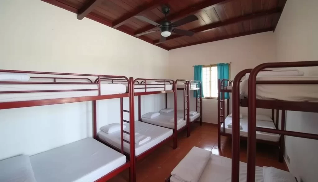 Image of Hostal Azul's dorm room with clean bunk beds and a fan.