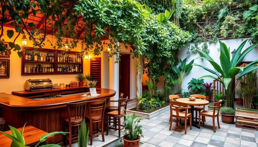 Image of Hostal de Boca en Boca's courtyard with a garden and a bar.