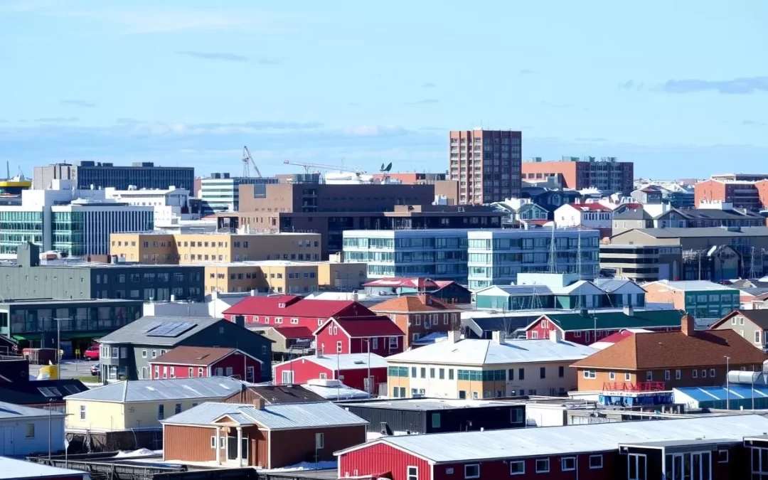 Image of Iqaluit cityscape with a mix of modern and traditional Inuit architecture