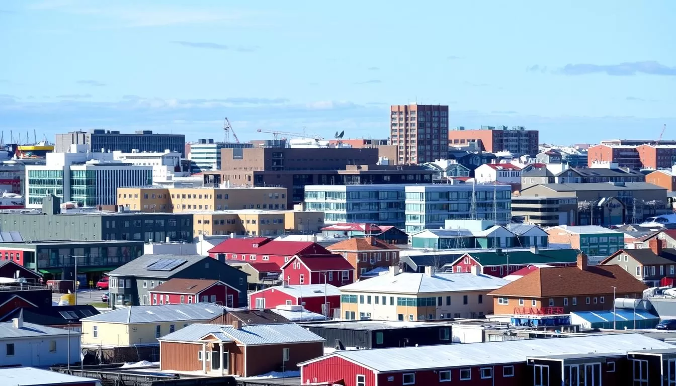 Image of Iqaluit cityscape with a mix of modern and traditional Inuit architecture