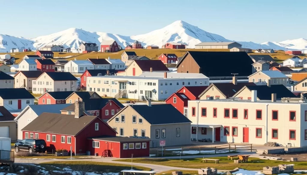 Image of Iqaluit cityscape with traditional Inuit houses and modern buildings