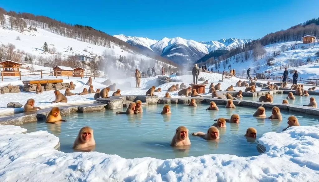 Image of Jigokudani Monkey Park with snow monkeys bathing in hot springs