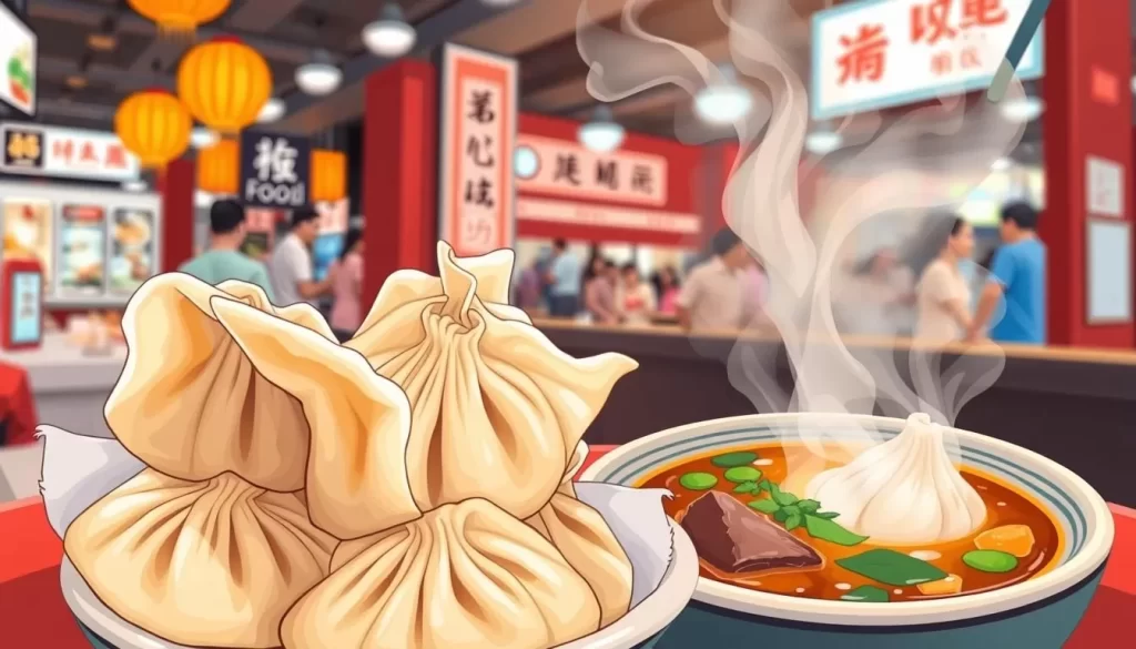 Image of Kang Kang Food Court's shengjianbao and beef noodle soup