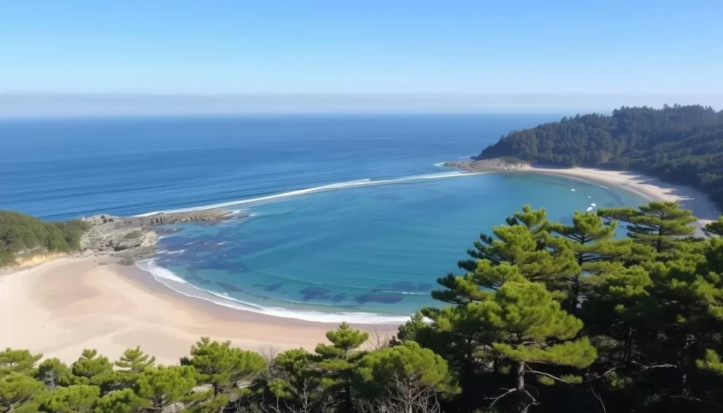 Image of Katsurahama Beach with its concave shoreline and pine grove