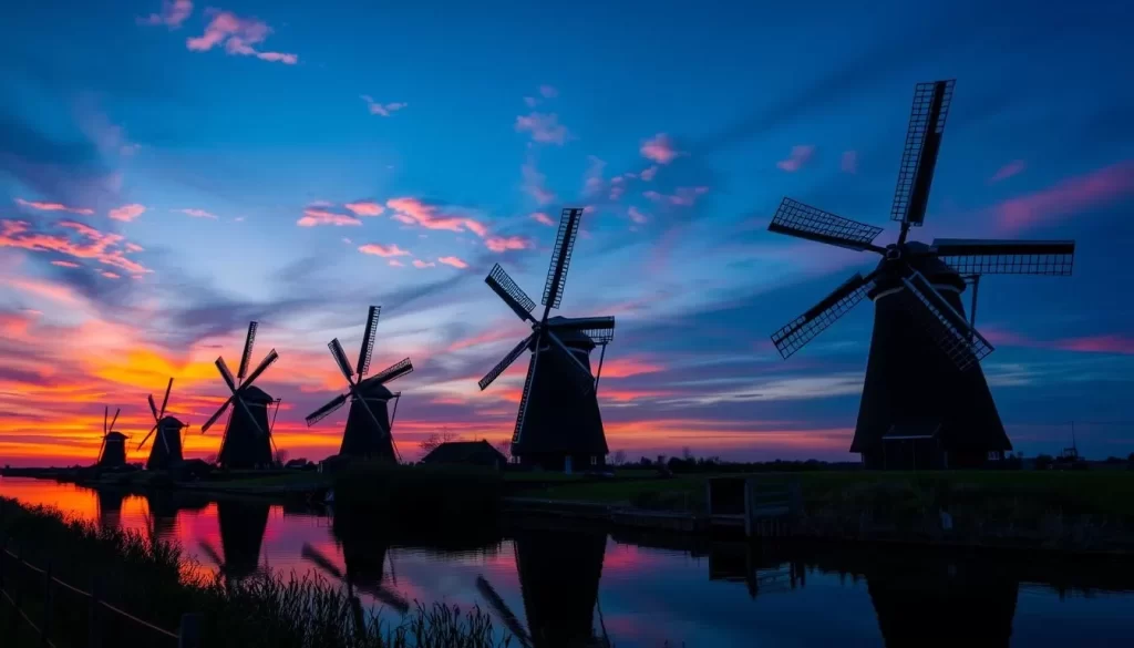 Image of Kinderdijk windmills at sunset