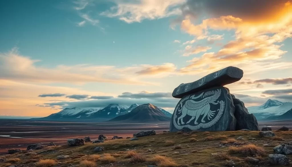 Image of Kinngait landscape with Inuit art elements