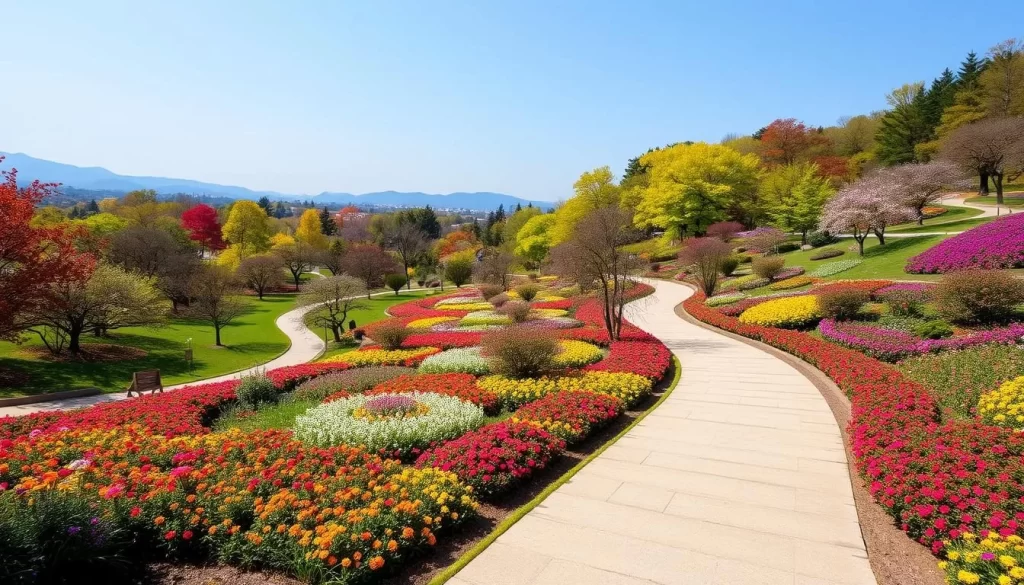 Image of Kinuta Park, featuring its walking paths and seasonal flowers
