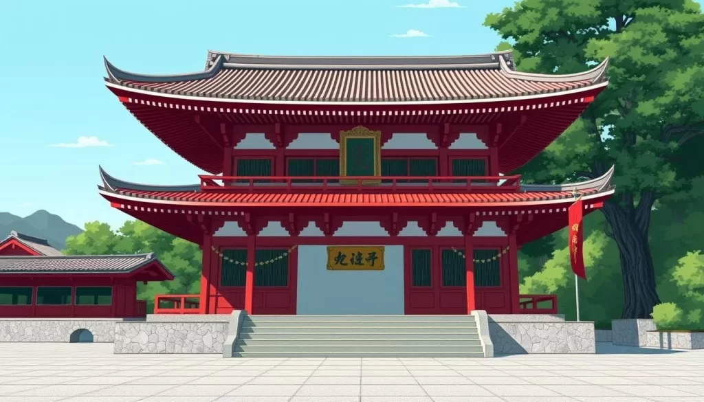 Image of Kirishima Shrine's main hall with vibrant vermilion coloring and traditional Japanese architecture