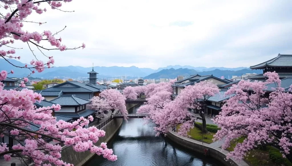 Image of Kurashiki cityscape during cherry blossom season