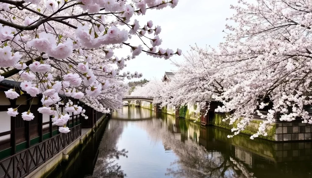 Image of Kurashiki's historic canal area during cherry blossom season