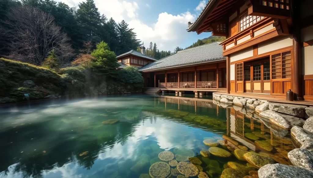 Image of Kusatsu Onsen ryokan with a serene hot spring setting