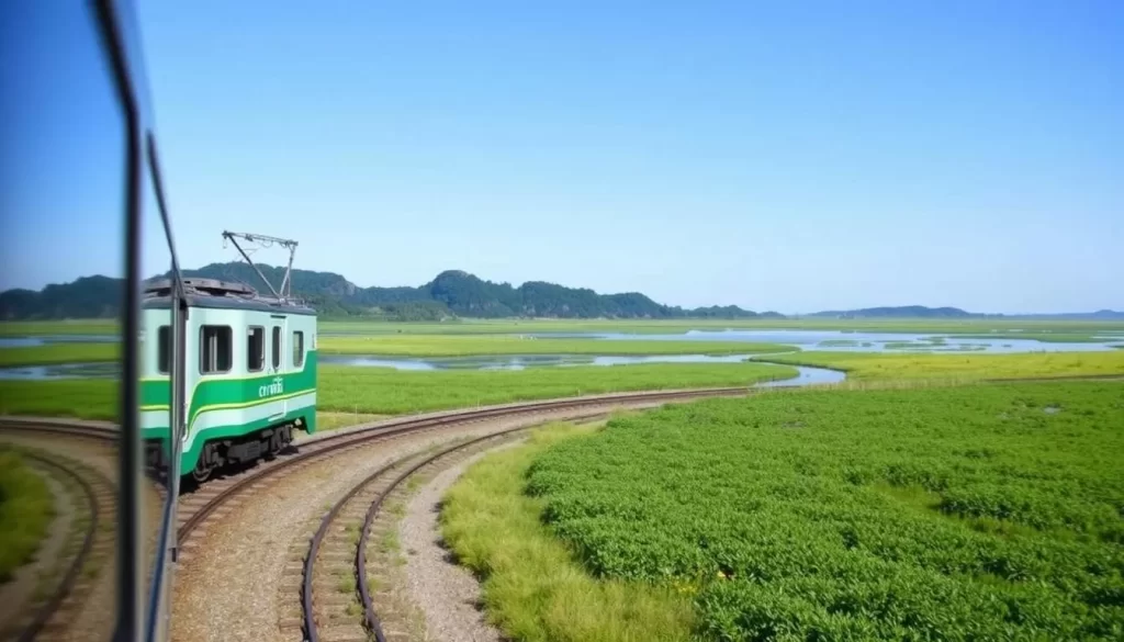 Image of Kushiro Shitsugen Norokko train traveling through Kushiro Marsh