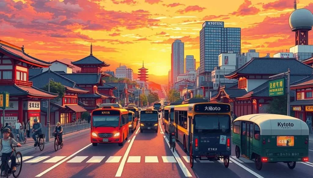 Image of Kyoto cityscape with various transportation modes