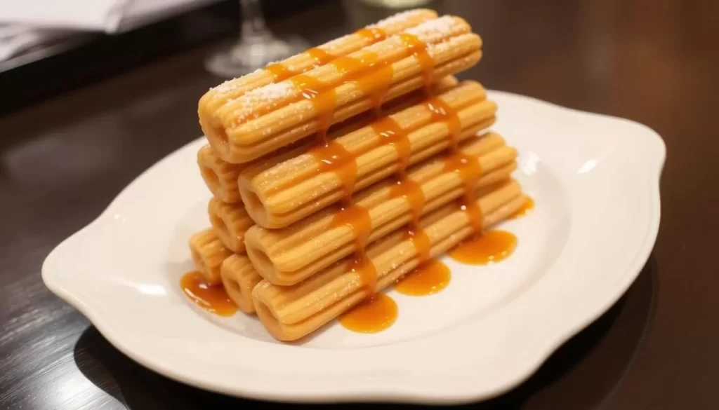Image of La Casita Mexicana's churros with cajeta, neatly stacked and served