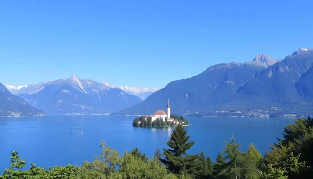 Image of Lake Bled with its island church and surrounding mountains