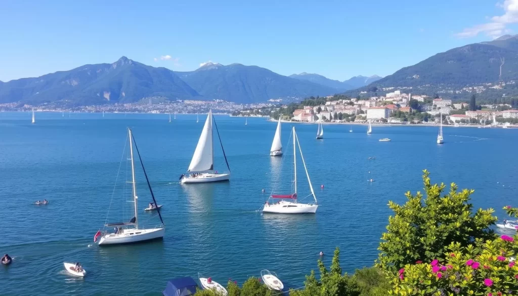 Image of Lake Geneva with boats and people enjoying water activities