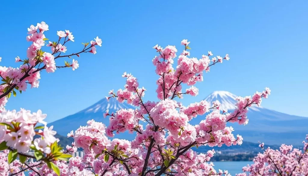 Image of Lake Kawaguchi Cherry Blossom Festival with cherry trees and Mt. Fuji