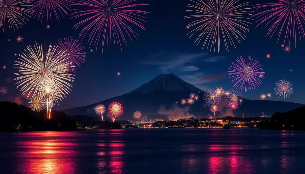 Image of Lake Kawaguchi Fireworks Festival with Mt. Fuji in the background