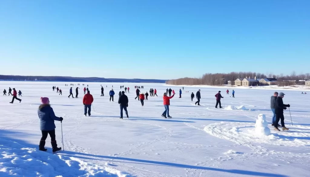 Image of Lake Manitoba frozen and covered in snow, with people engaging in winter activities.